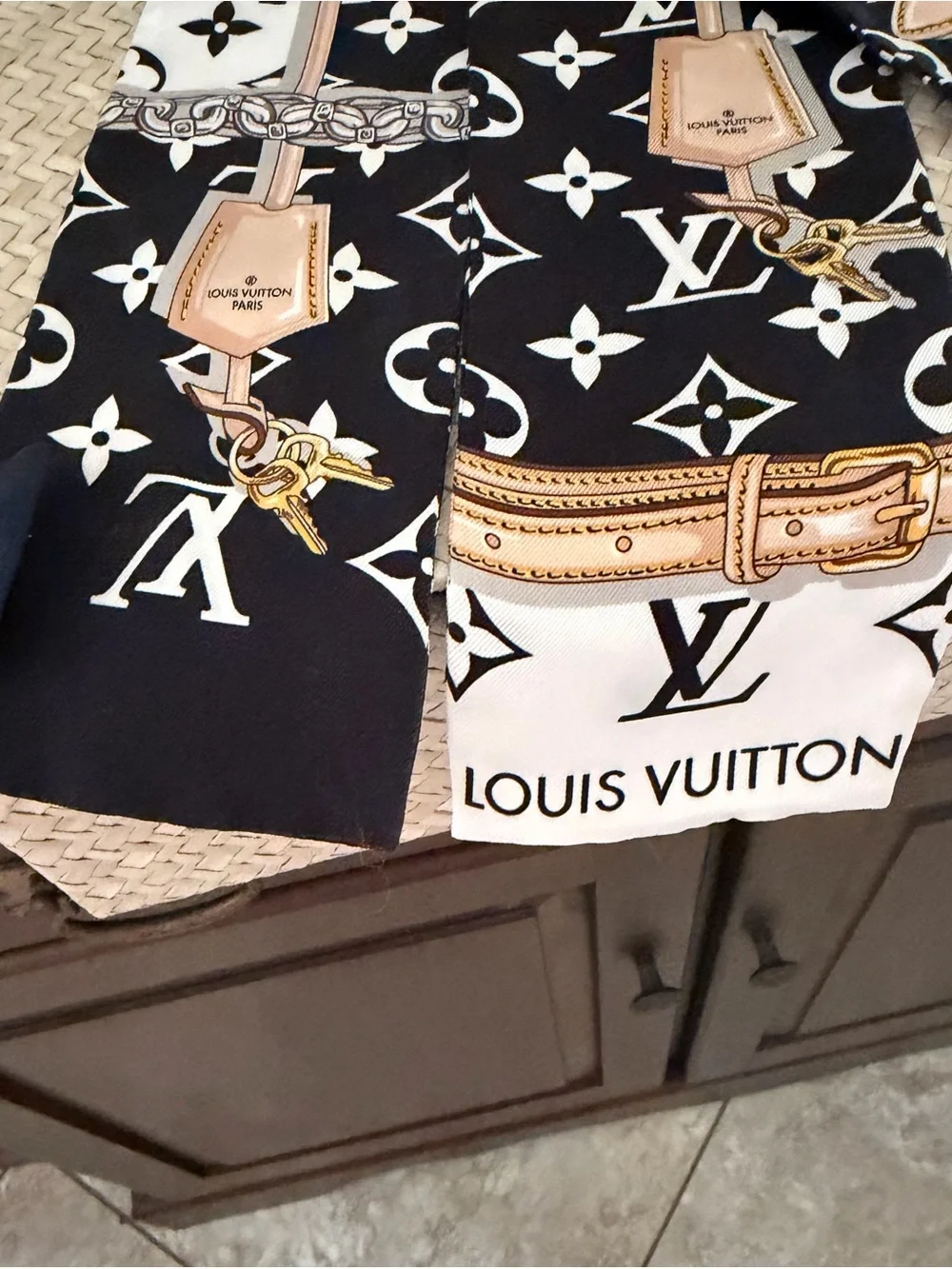 Louis Vuitton Black, White & Gold Monogram Twilly Scarf
